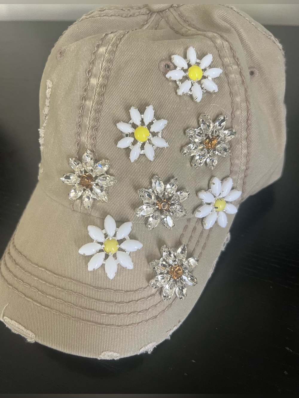 NWT KHAKI Distressed Baseball Cap with Daisy and Crystal Embellishments